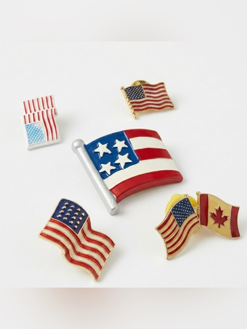 Vintage Patriotic Enamel Pin Lot - USA & Canada Friendship Flags - Set of 5